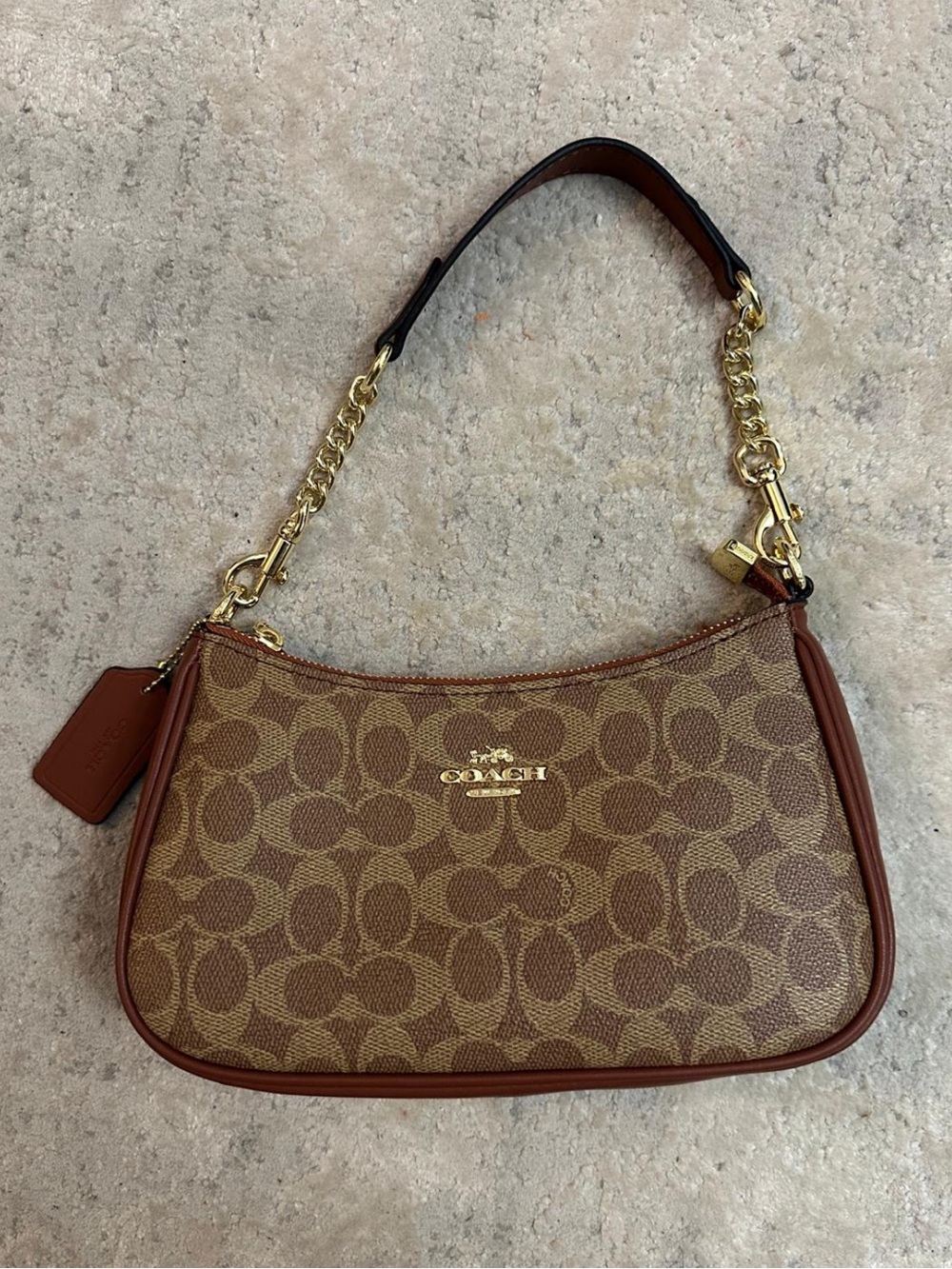 Coach Brown Signature Shoulder Terri Bag with Gold Chain